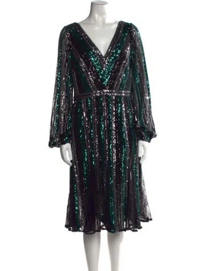 Pre-owned Marchesa Notte Striped Midi Length Dress In Black