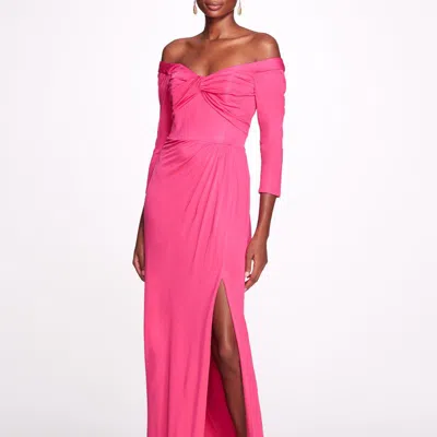 Marchesa Notte Long Sleeve Silky Matt Jersey Gown In Pink