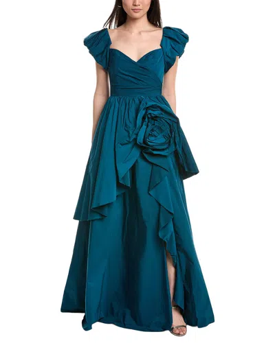 Marchesa Notte Off-shoulder Ruffle Taffeta Gown In Peacock