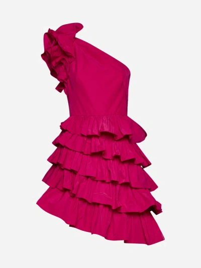 Marchesa Notte Taffeta One-shoulder Tiered Mini Dress In Pink