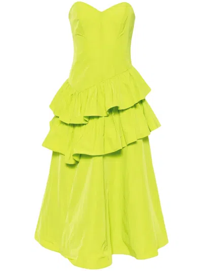 Marchesa Notte Taffeta Tiered Midi Dress In Green