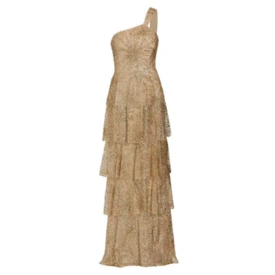 Pre-owned Marchesa Notte Tiered Beaded One-shoulder Gown In Gold