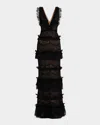Marchesa Notte Tiered Ruffle-trim Lace Column Gown In Black