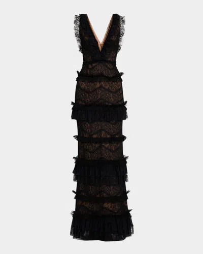 Marchesa Notte Tiered Ruffle-trim Lace Column Gown In Black