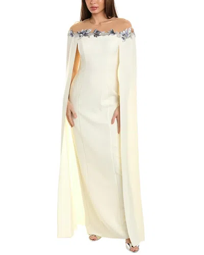 Marchesa Notte Tulle Illusion Cape Effect Maxi Dress In Neutral