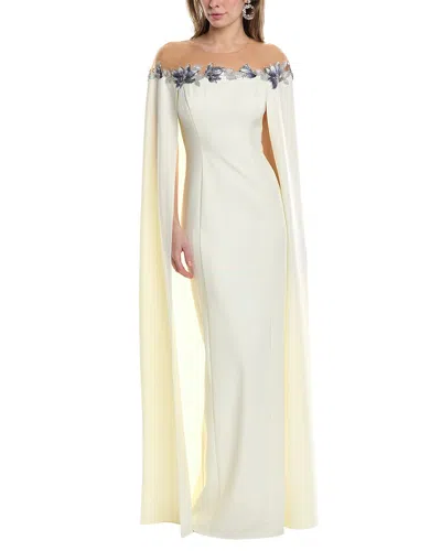 Pre-owned Marchesa Notte Tulle Illusion Cape Effect Maxi Dress Women's In White
