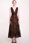 Marchesa Notte Deep V-neck Embroidered Tulle Midi Dress In Multi