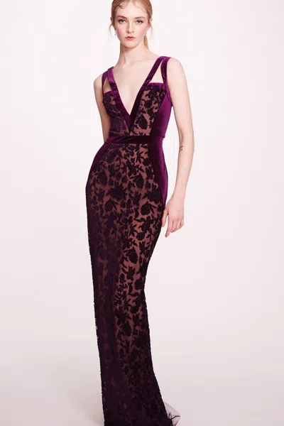 Marchesa Notte V-neck Velvet Cutwork-dress In Multi
