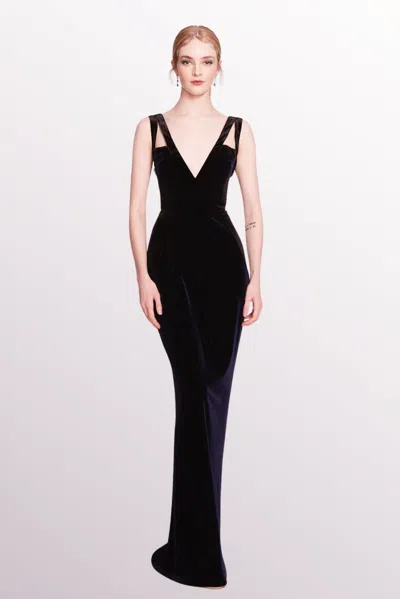 Marchesa Notte V-neck Velvet Evening Dress In Multi