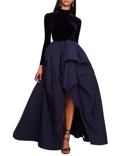 Marchesa Notte Velvet Taffeta Gown In Blue