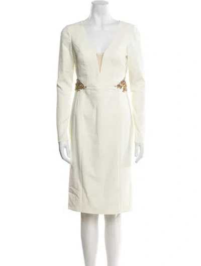 Pre-owned Marchesa Notte V-neck Knee-length Dress In Neutral