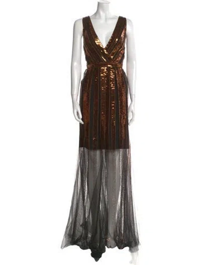 Pre-owned Marchesa Notte V-neck Long Dress In Brown