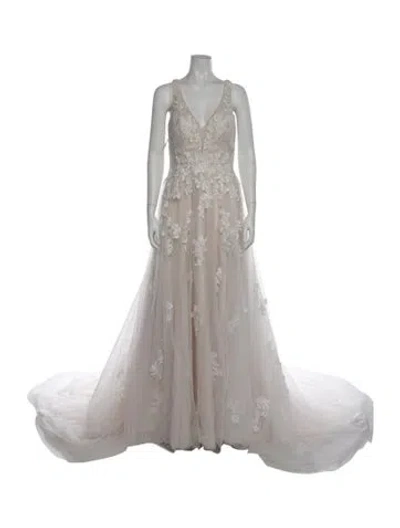 Pre-owned Marchesa Notte V-neck Long Dress In Gray