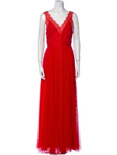 Pre-owned Marchesa Notte V-neck Long Dress In Red