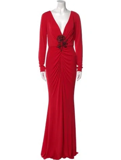Pre-owned Marchesa Notte V-neck Long Dress In Red