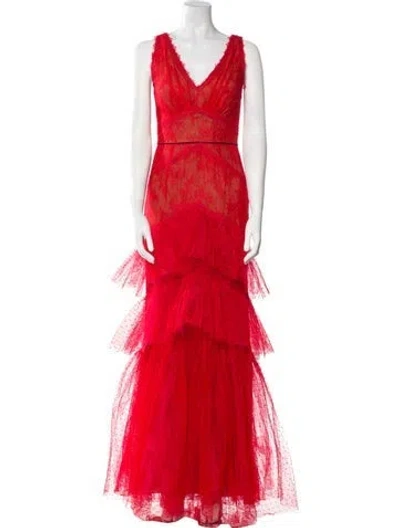 Pre-owned Marchesa Notte V-neck Long Dress In Red