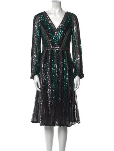 Pre-owned Marchesa Notte V-neck Midi Length Dress In Black