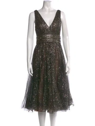 Pre-owned Marchesa Notte V-neck Midi Length Dress In Black