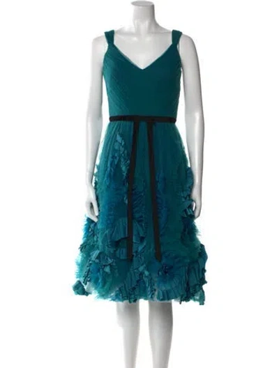 Pre-owned Marchesa Notte V-neck Midi Length Dress In Blue