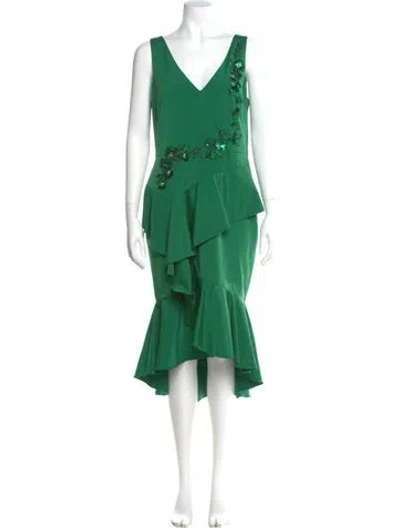 Pre-owned Marchesa Notte V-neck Midi Length Dress In Green