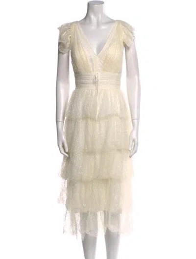 Pre-owned Marchesa Notte V-neck Midi Length Dress In White