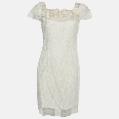 Marchesa Notte White Metallic Lace Mini Dress