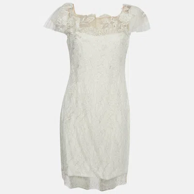 Pre-owned Marchesa Notte White Metallic Lace Mini Dress M