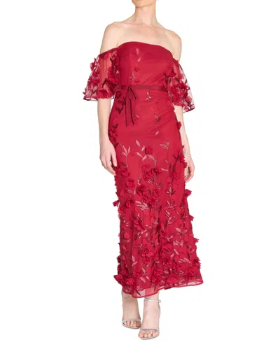 Marchesa Notte Women's 3d Floral Off-the-shoulder Midi Dress In Red