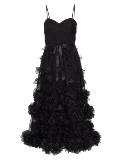 Marchesa Notte Women's 3d Rose-embellished Tulle Cocktail Gown In Black