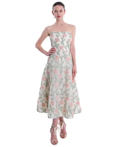 Marchesa Notte Women's Midi Strapless 3d Floral Embroidery Dress In Multi