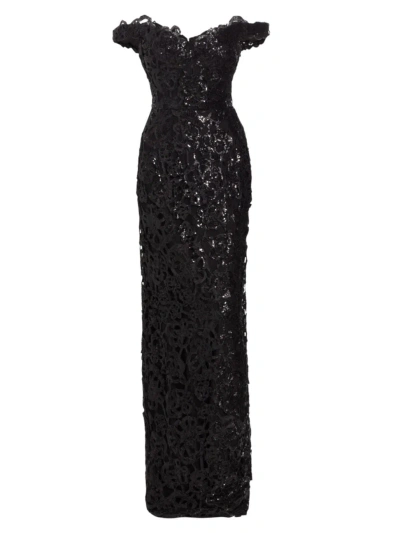 Marchesa Notte Women's Sequin Off-the-shoulder Gown In Black