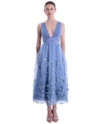 Marchesa Notte Women's V-neck 3d Floral Midi Dress In Blue