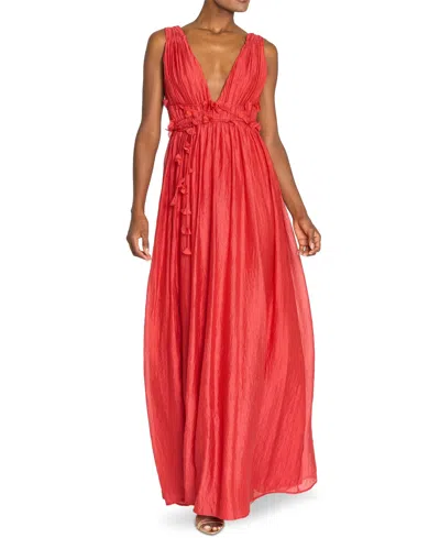 Marchesa Notte Women's V-neck Long Gown With 3d Flower Details At Waist In Red
