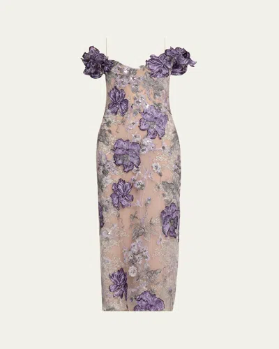 Marchesa Off-shoulder Floral Threadwork Cocktail Dress In Purple