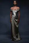 MARCHESA OFF SHOULDER METALLIC LAMÉ GOWN