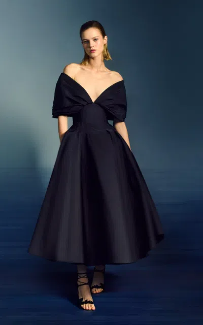 MARCHESA OFF-THE-SHOULDER FAILLE CORSET MIDI DRESS 