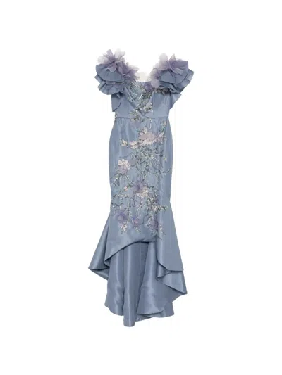 Marchesa Off-shoulder Crystal-embroidered Gown In Blue