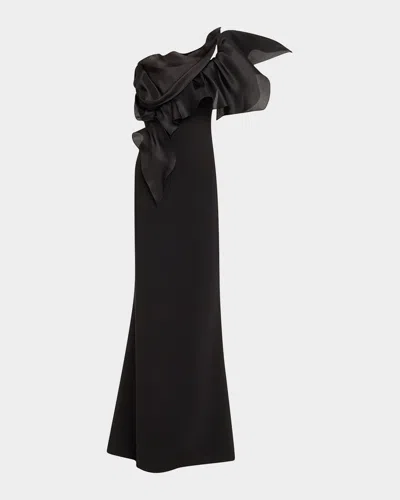 MARCHESA ONE-SHOULDER RUFFLE STRETCH CREPE GOWN