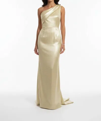 Marchesa One Shoulder Sleeveless Evening Gown In Gold