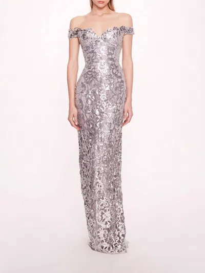 Marchesa Organic Neckline Sequin Gown In Silver In Green