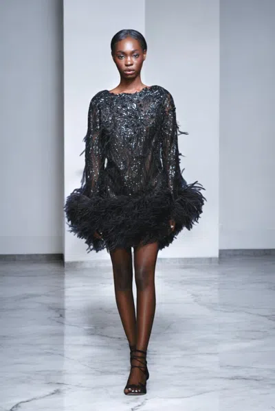 Marchesa Ostrich Feather Cocktail Dress In Blue