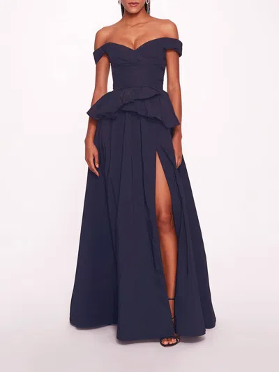 Marchesa Peplum Taffeta Gown In Navy