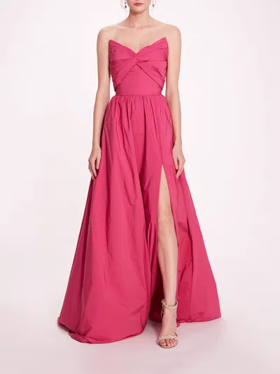 Marchesa Pleated Taffeta Gown In Winter Berry