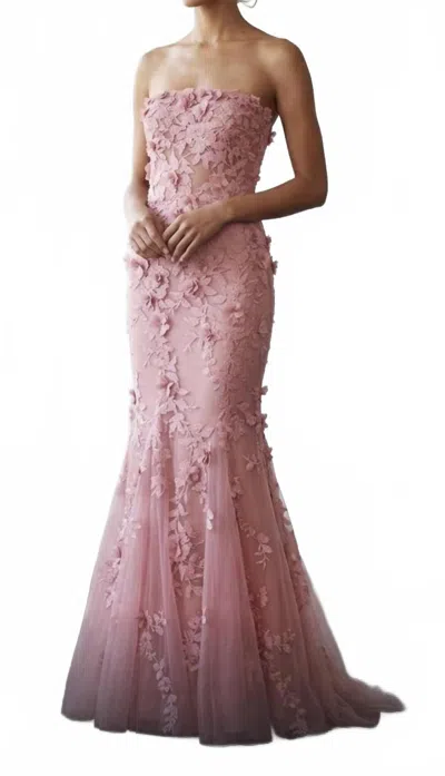 Marchesa Pre-loved Women's Tulle Strapless Gown With Applique And Crystals In Dusty Rose In Pink