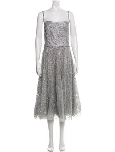 Pre-owned Marchesa Printed Midi Length Dress In Silver