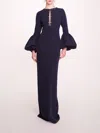 Marchesa Puffed Sleeve Column Gown In Midnight