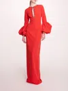 Marchesa Puffed Sleeve Column Gown In Scarlet