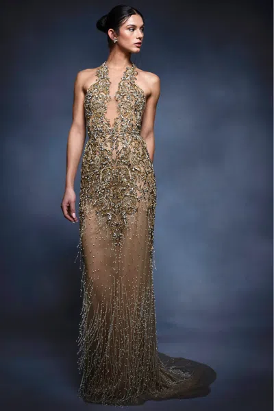 Marchesa Racer Back Gown With Plunging Neckline In Multi | ModeSens