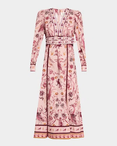 Marchesa Rosa Belted Floral & Animal-print Midi Dress In Pink Multi
