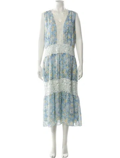 Pre-owned Marchesa Rosa Floral Print Long Dress In Blue